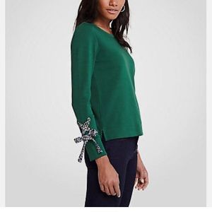 Ann Taylor Cotton Crew Neck Sweater with Floral Ribbon Sleeve
